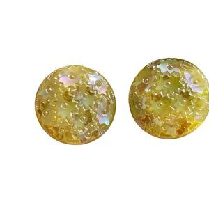Vintage Pressed Glass Flower Iridescent Yellow Carnival Glass Clip-On Earrings